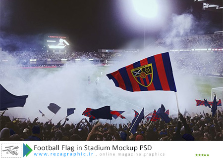 طرح لایه باز موک آپ و پیش نمایش پرچم فوتبال در استادیوم